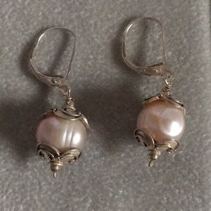 Vintage Sterling Silver Pearl Hanging Earrings